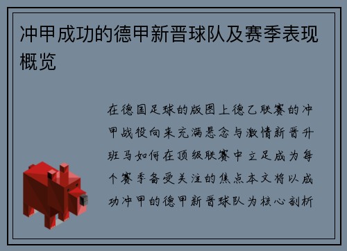 冲甲成功的德甲新晋球队及赛季表现概览