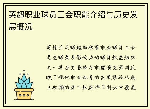 英超职业球员工会职能介绍与历史发展概况